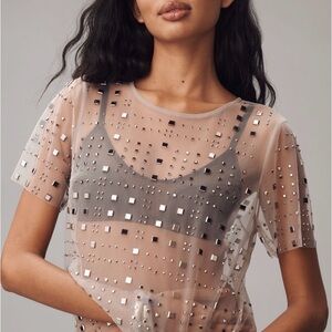 Sunday in Brooklyn Nude Mesh Tee with Silver Studs